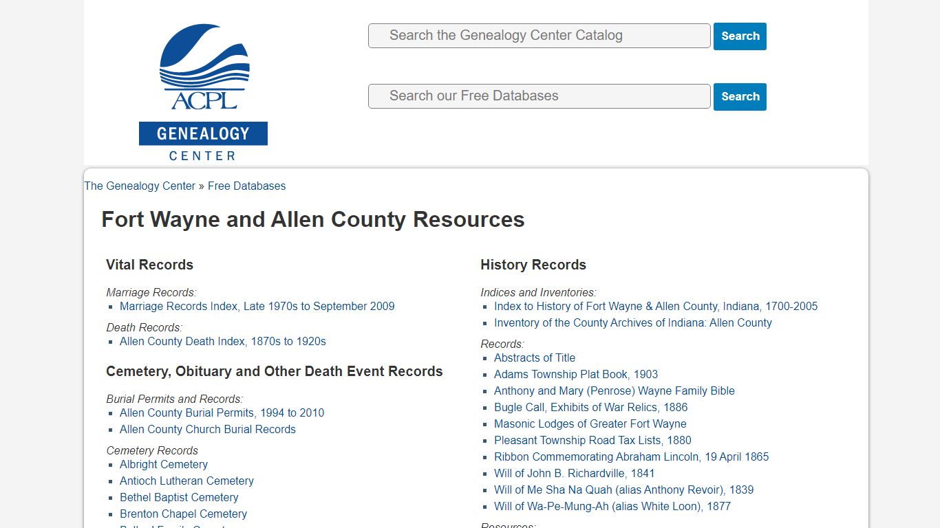 Fort Wayne and Allen County Resources - ACPL Genealogy Center