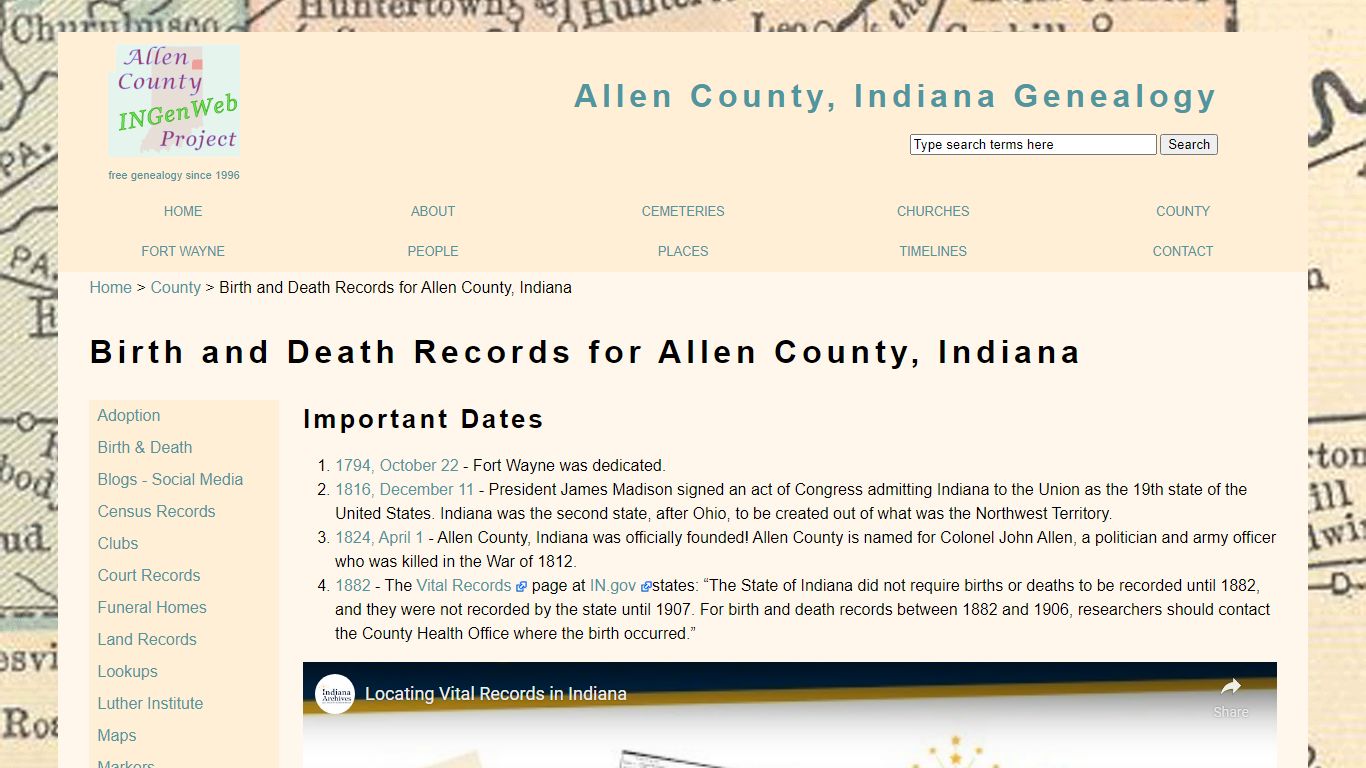Birth and Death Records for Allen County, Indiana on Allen ...
