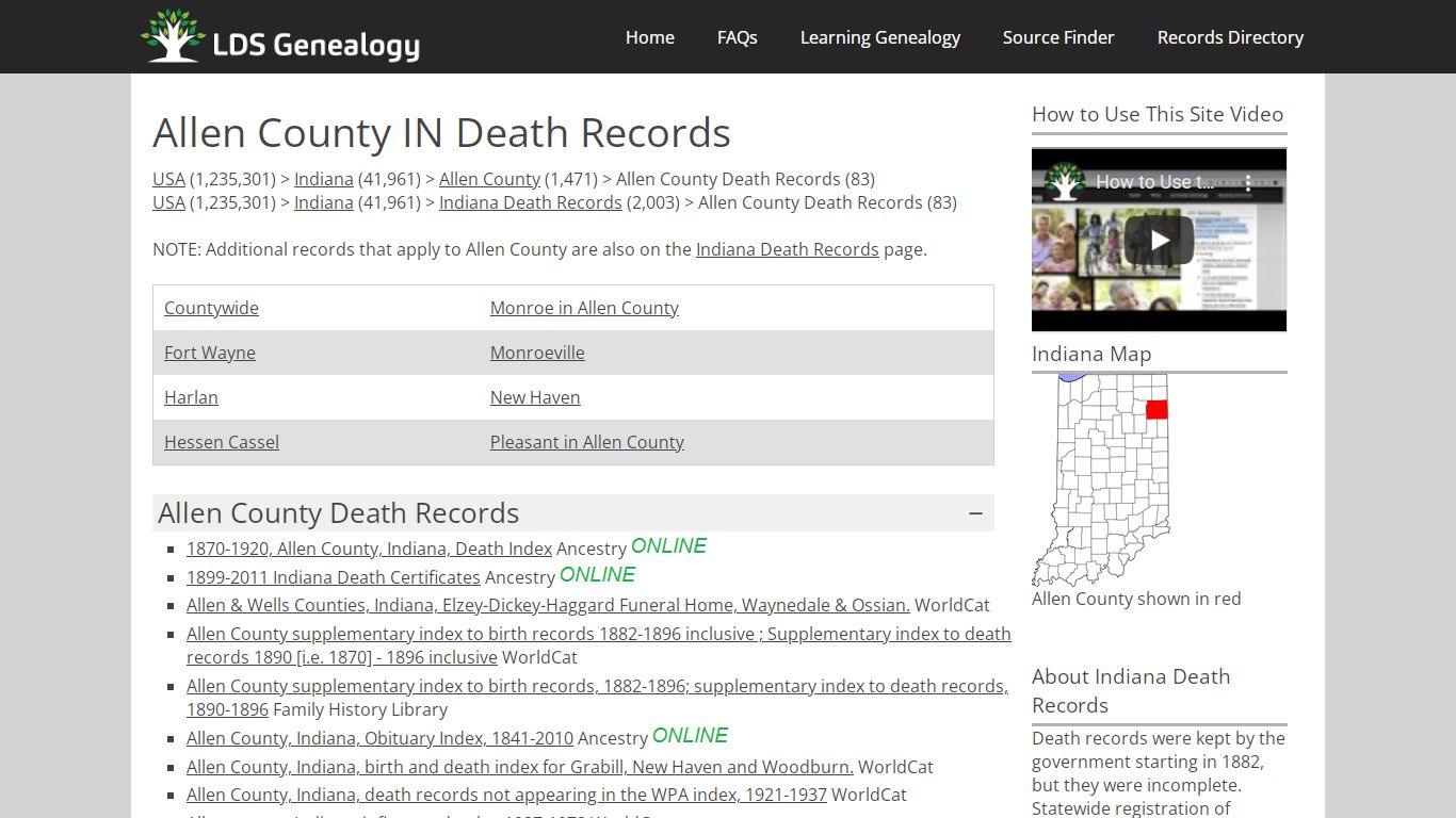 Allen County IN Death Records - LDS Genealogy