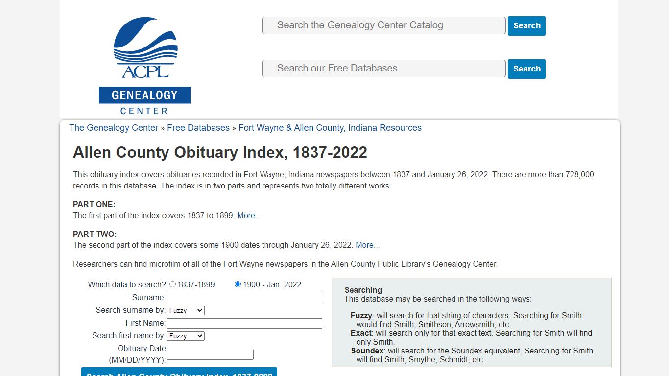Allen County Obituary Index, 1837-2021 - ACPL Genealogy Center